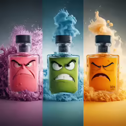 three bottles of different kinds of liquid with angry faces on them