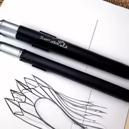 two pens sitting on top of a white notebook