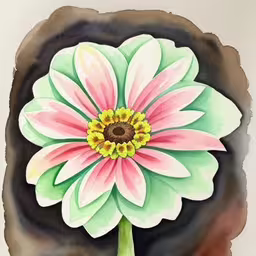 a painting of a pink and green flower,a painting of a pink and white flower on a white wall,a painted flower is displayed on a piece of wood,a painting of a pink flower on a white background,a drawing of a flower with a pink center and yellow center