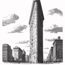 black and white drawing of flatirot building and surrounding city buildings