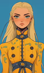 a woman wearing yellow and blue is standing in front of a blue sky