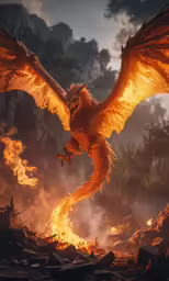 a bird with wings is standing in the fire