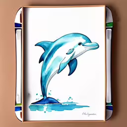 a picture of a blue dolphin watercolor painting,a small box with some colored inks on it
