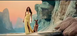 a woman posing for a photograph with a dog