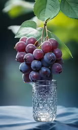 a glass vase containing grapes is pictured on a tablecloth