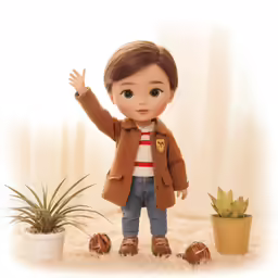 a doll with an image on it and some plants
