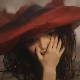 a woman with long hair and a big red hat