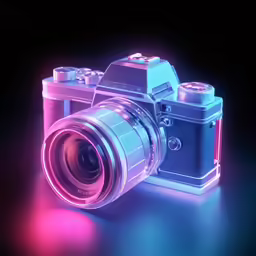 a silver camera with red and blue lights on