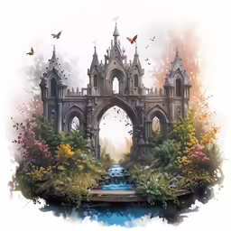 an illustration of a water feature with birds flying by