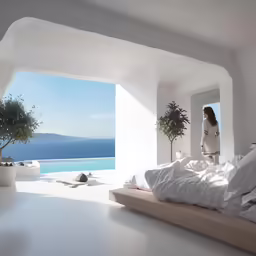 a white bed with a window, plants and a woman