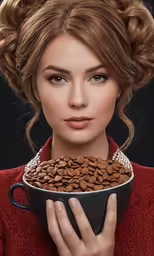a woman in a red sweater holding a bowl filled with coffee beans