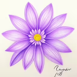 the purple flower is drawn in color pencil,the painting of a purple flower is drawn by hand,purple flower with leaves on the side by carol stark,a purple flower with yellow center,a drawing of a purple flower with a yellow center
