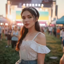 a girl is standing in a crowd near an arena