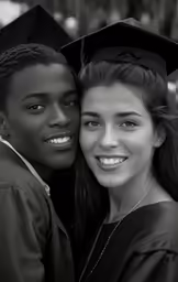 a woman smiles next to a boy in a graduation cap and gown