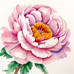 a painting of a pink flower on a white background,a large white and pink flower with green leaves on it