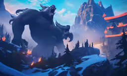 a large black animal standing on top of a mountain