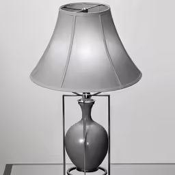 lamp with shade on in contemporary grayish looking room