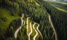 the two roads pass each other in the green forested area