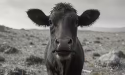 black cow standing in dirt with a sky background