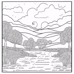 a coloring page for adults with a landscape in the background,a landscape drawn in the form of a forest with a river and moon in the sky