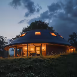 a glass and metal structure with lights on it in the evening