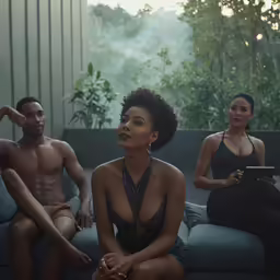 three black models seated on a couch in the forest