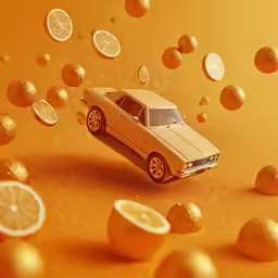an orange with small cars and lemons flying up