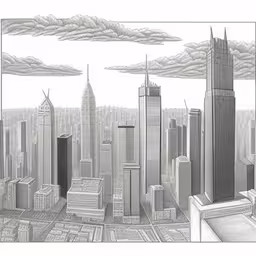 a drawing of cityscape of skyscrapers in black and white,drawing - city skyline by ron durfee