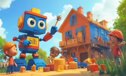 a cartoon of a little robot standing in front of a home with other children