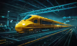 a yellow passenger train with lights on is going down the tracks
