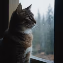 the cat sits on the window sill looking out at the outside