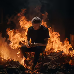 a person sitting by a fire with an cell phone