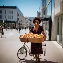 a woman holding a basket full of food on a bicycle
