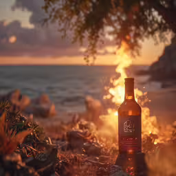 a bottle of rum sits on the rocky shore
