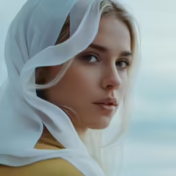 an attractive blonde woman wearing white shawl on head
