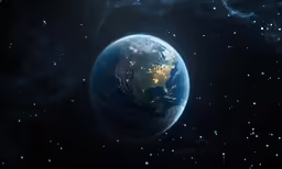 a blue planet with lights on and the night sky in the background