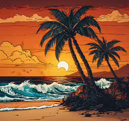 a painting of a tropical sunset with palm trees,an orange sunset and palms over water