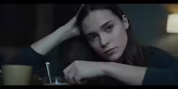 a woman with blue eyes sitting at a table