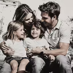 two adults and a child in black and white