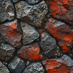 a red, gray and black stone wall is painted with red