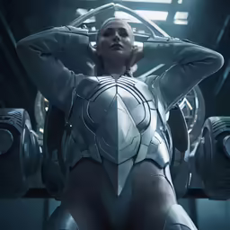a futuristic woman with her hands on her head