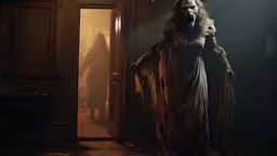 a scary creature stands by an open door at night,a creepy woman dressed in a costume next to a door