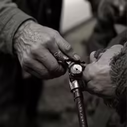 hands that are holding a watch and something