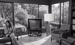 woman sitting on a sofa watching television in the living room