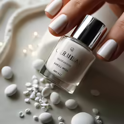 a person with white nail polish and white pearl beads