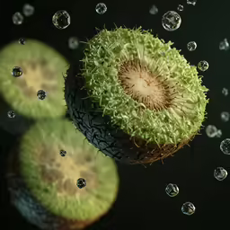 the fruit is in oil with bubbles floating in it