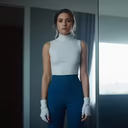 a woman in a white and blue shirt and pants is facing the camera