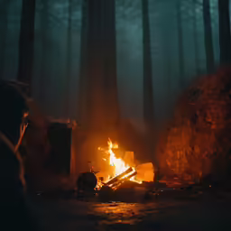 a man sitting in front of a fire