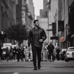 black and white photo of a man running down the street