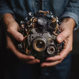 a person holding an old fashioned camera in their hands